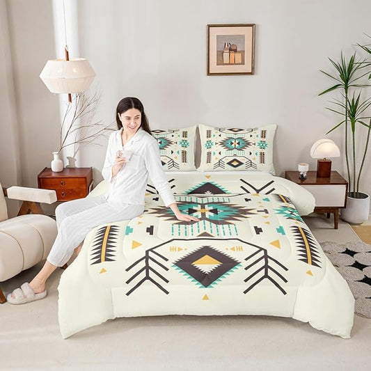 Southwest Comforter Set Full Size Rustic Tribal Aztec Style Quilt Set Abstract Art Vintage Bedding Set 3pcs for Women Adults Teens Kids Home Decor Green Brown Arrow Duvet Insert,2 Pillowcases