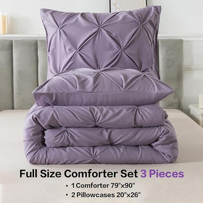 Andency Grayish Purple Pinch Pleat Comforter Full Size(79x90Inch), 3 Pieces(1 Pintuck Comforter and 2 Pillowcases) Lightweight Soft Microfiber Bedding Set for Women Men