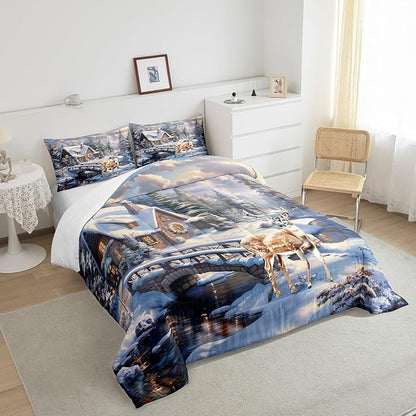 Winter Deer Comforter Set Queen Size,Wood Cabin House Bedding Set,Snowflake and Pine Tree Mountain Lake Quilt Set for Kids Girls Boys Adult Room Decor,Christmas Animals Duvet Insert 3Pcs