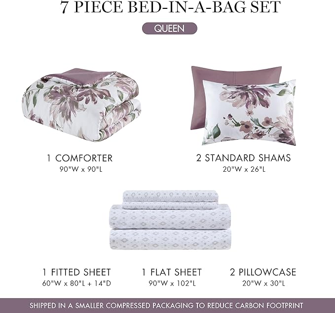 Madison Park Queen Comforter Set with Sheets, Floral Print, Microfiber Comforter for a Queen-Size Bed, Shabby Chic Bed in a Bag Set Diamond Printed Sheet, Alice, Queen Mauve 7 Piece