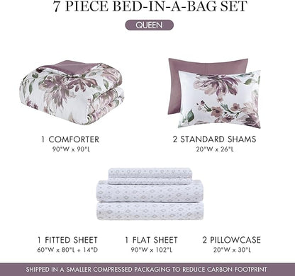 Madison Park Queen Comforter Set with Sheets, Floral Print, Microfiber Comforter for a Queen-Size Bed, Shabby Chic Bed in a Bag Set Diamond Printed Sheet, Alice, Queen Mauve 7 Piece