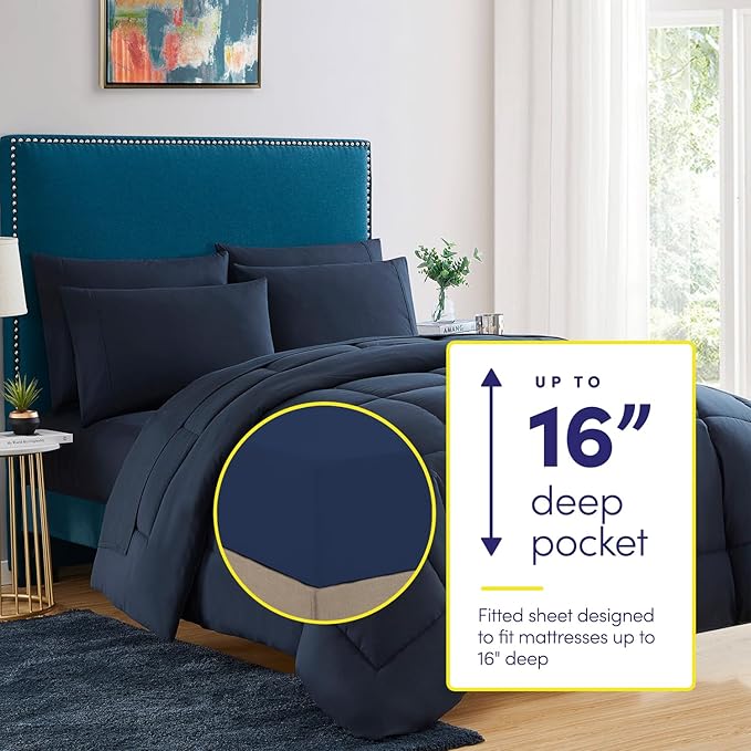 Full Size Comforter Set with Sheets - 7-Piece Bedding Collection - 1 Comforter, 1 Fitted Sheet, 1 Flat, 4 Pillowcases - Deep Pocket - Soft & Premium Quality - Ideal for All Seasons, Navy Blue