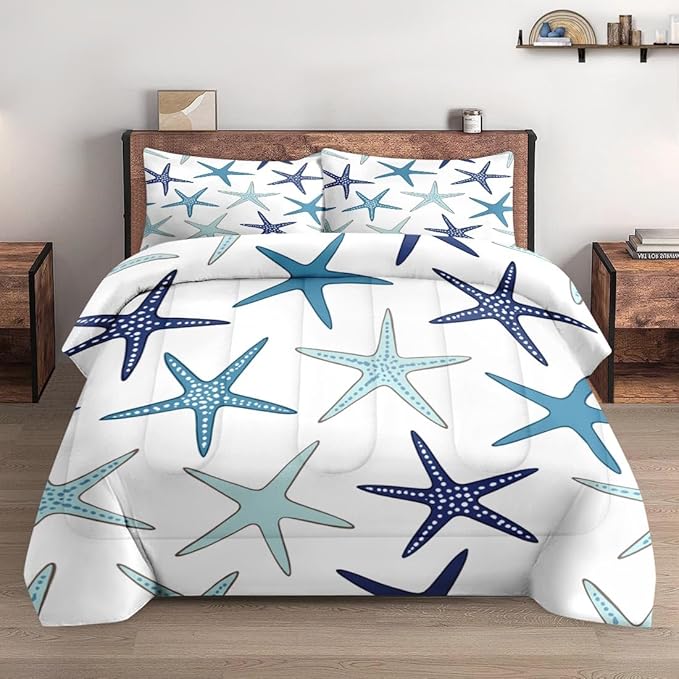 Comforter Set King Size, Coastal Nautical Starfish Soft 3 Pcs Bedding for Kids and Adults, Navy Blue Turquoise Sea Comforter Set with Pillowcase, for Bedroom Bed Decor