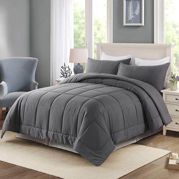 DOWNCOOL Twin Comforter Set -All Season Bedding Comforters Sets with 1 Pillow Case -2 Pieces Bed Set Down Alternative Comforter Set -Grey Twin Bedding Sets(64"x88")