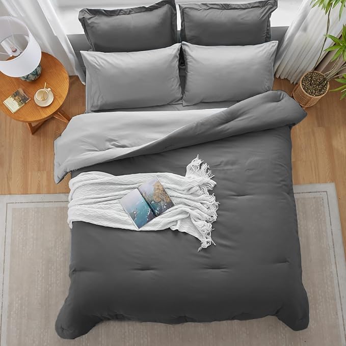 Gray Comforter Set Queen, Reversible Bedding Set, 7 Pieces Soft Bed in a Bag with Comforter, Sheets, Pillowcases & Shams, All Seasons Boho Bed Set