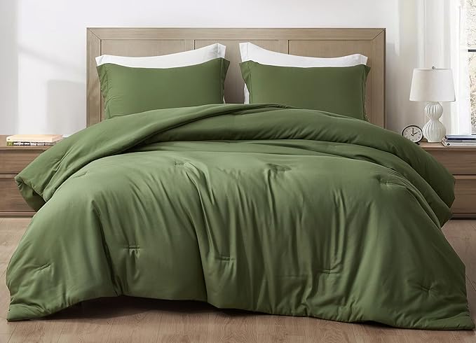 Chezmoi Collection Cliff 3-Piece Lightweight Cooling Comforter Set, Queen- Rayon Derived from Bamboo & Polyester Blended, Soft Breathable Bedding for Hot Sleepers, Olive Green