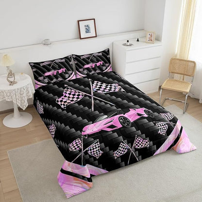 jejeloiu Pink Race Car Bedding Set Toddle Size Extreme Sports Comforter Set for Kids Teens Adult Fast and Furious Duvet Set Dazzling Flag Quilt Set 2Pcs