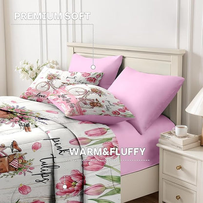 Nesker 7 Pcs Spring Comforter Set King Size, Pink Tulips Bicycle Bedding Set for Kids and Adults, Farmhouse Bed Sheet Sets with Fitted Sheet 2 Pillowcases & 2 Shams