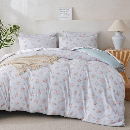Queen Size Comforter Floral 3 Pieces Soft Cute Floral Bedding Lightweight Blue Garden Style Floral Botanical Comforter for All Seasons and 2 Pillowcases