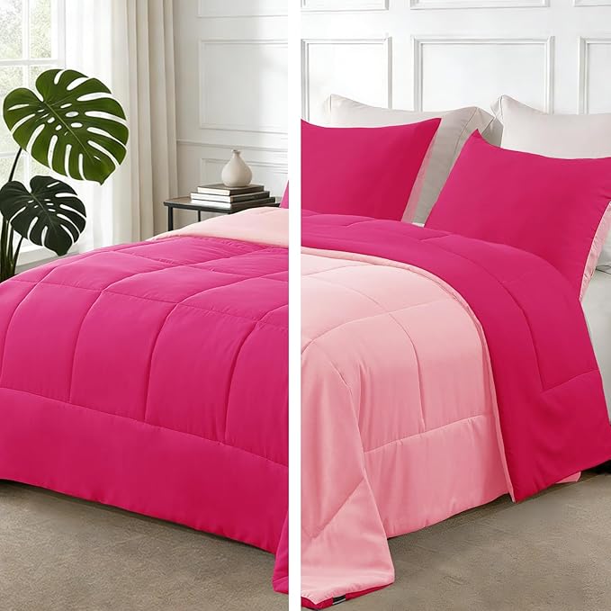 Exclusivo Mezcla Lightweight Reversible Full Queen Size Comforter Set, Down Alternative Comforter with 2 Pillow Sham, Full Queen Size Bedding Set for All Seasons, Hot Pink/Bright Pink
