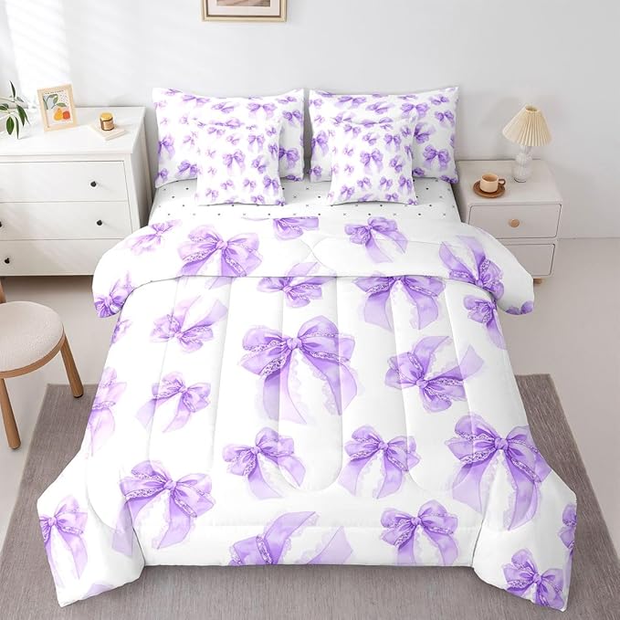 Erosebridal Purple Kids Girls Bowknot Bow 7 Piece Bedding Set Twin | Lace Princess Comforter Set with Sheets Dreamy Bed in A Bag Kawaii Cute Bed Sets