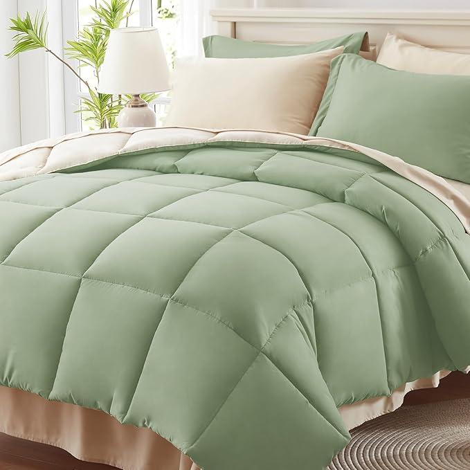 Anluoer California King Size Bed in a Bag 7 Pieces,Sage Green Cal King Comforter Set with Sheets,All Season Bedding Sets with Comforter,Pillow Shams,Pillowcases,Flat Sheet,Fitted Sheet