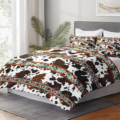Queen Size Comforter Set with 2 Pillowcases, Vintage Retro Animal 3 Pcs Bedding for Kids and Adults, Cow Brown Cowhide Soft Comforter Set for Bedroom Bed Decor