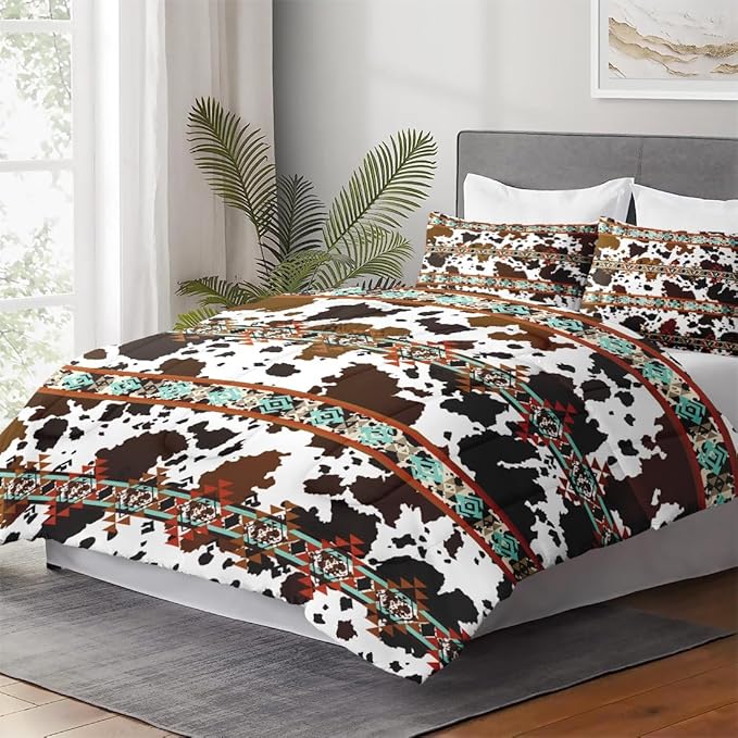Twin Size Comforter Set with Pillowcase, Vintage Retro Animal Cow Brown Cowhide 2 Pcs Bedding for Kids and Adults, Western Cowboy Soft Comforter Set for Bedroom Bed Decor