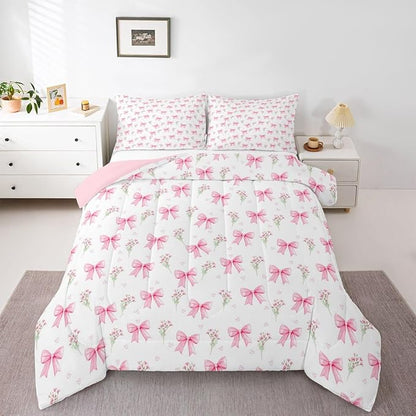 Feelyou Pink Bow Kids Comforter Set Twin Size Pink Floral Bedding Set Princess Decor Bowknot Duvet Quilt for Kids Boys Girls Bedroom Garden Flower Decor Microfiber Ultra Soft Breathable