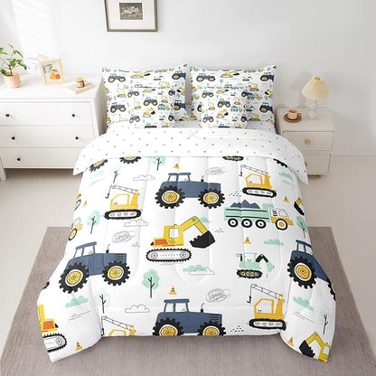 Erosebridal Cartoon Car Kids 7 Pcs Comforter Set King,Kids Construction Vehicles Bed in a Bag for Boys Girls Teens,Tractor Machinery Trucks Bedding Set,Excavator Construction Site Cars Fitted Sheet