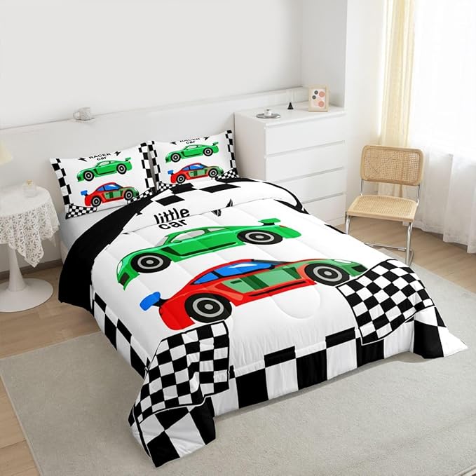 jejeloiu Boys Cartoon Racer Car Bedding Set Full Size Black White Checkerboard Comforter Set for Kids Green Red Duvet Set Cute Car Quilt Set 3Pcs