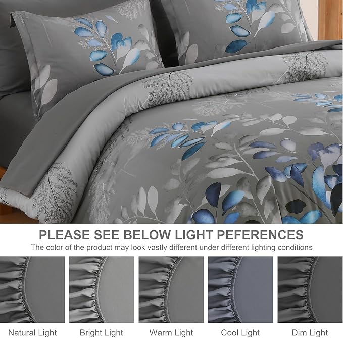 Anibedding 7 Pieces King Size Comforter Set, Grey Blue Botanical Gradient Leaves Ultra Soft Microfiber Down Alternative Bedding Set with Sheets and Pillowcase for All Season