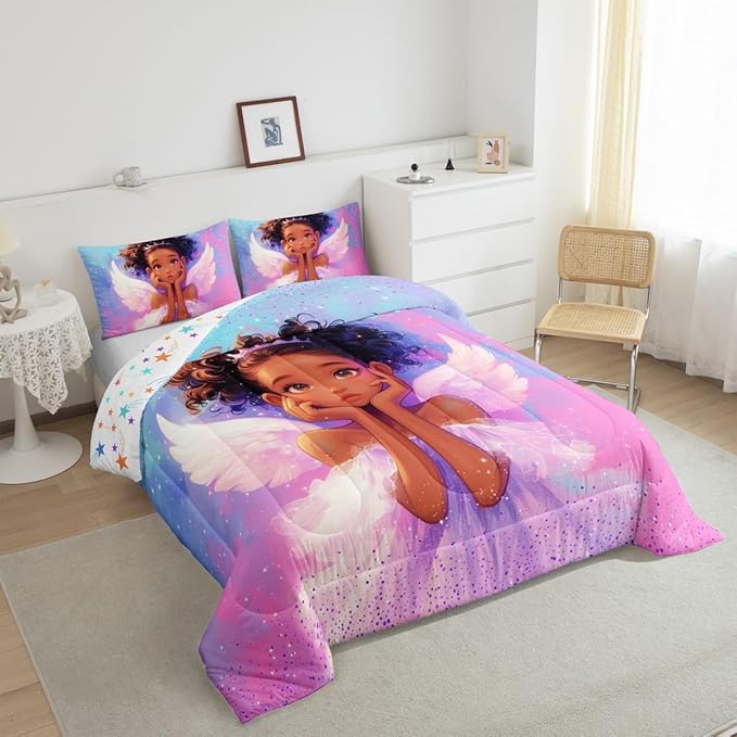 Manfei Princess Girl Comforter Set King Size, Cute Black Little Girl Bedding Set for Kids Women Adult Room Decor, Blue Pink Galaxy Down Comforter, Reversible Polyester Quilt Set,2 Pillowcases