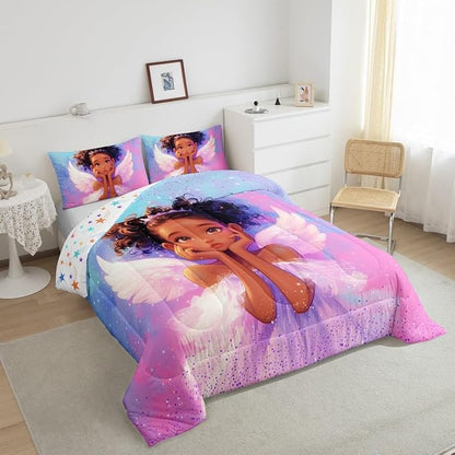 Manfei Princess Girl Comforter Set King Size, Cute Black Little Girl Bedding Set for Kids Women Adult Room Decor, Blue Pink Galaxy Down Comforter, Reversible Polyester Quilt Set,2 Pillowcases