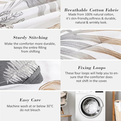 Natural Cotton 3pcs Floral Comforter Sets Queen Size-Gray Comforter with Luxurious Brown Branches and Taupe & Gray Leaves on White, Reversible Lightweight Bedding Sets(Queen)