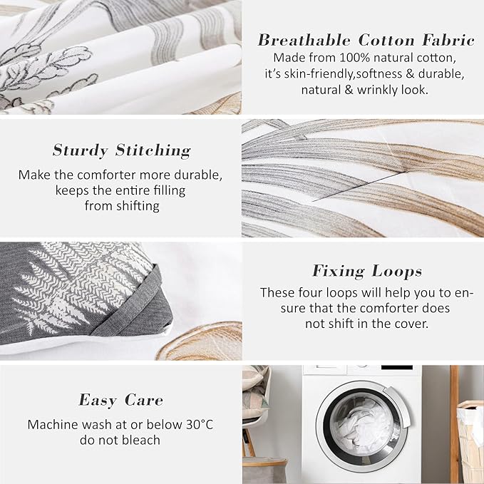 Natural Cotton 3pcs Floral Comforter Sets King Size-Gray Comforter with Luxurious Brown Branches and Taupe & Gray Leaves on White, Reversible Lightweight Bedding Sets(King 104"×90")