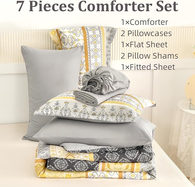 WONGS BEDDING Boho Comforter Set Queen Size,7 Pieces Bed in a Bag Bohemian Striped Bedding Set,Yellow Paisley Floral Comfortet and Sheet Set,Soft Microfiber Bedding Sets for All Season