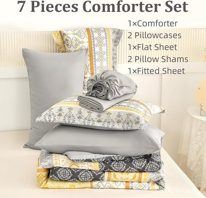 WONGS BEDDING Boho Comforter Set Queen Size,7 Pieces Bed in a Bag Bohemian Striped Bedding Set,Yellow Paisley Floral Comfortet and Sheet Set,Soft Microfiber Bedding Sets for All Season