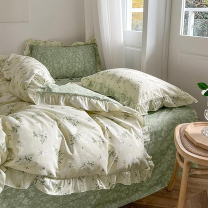 MKXI Twin XL Size Beige & Green Floral Comforter Set - 3 Piece Ruffled Lace Bedding Set with Reversible Design, Soft Aesthetic Cottagecore Style Green Leaf Comforter for Girls, Women, and Teens