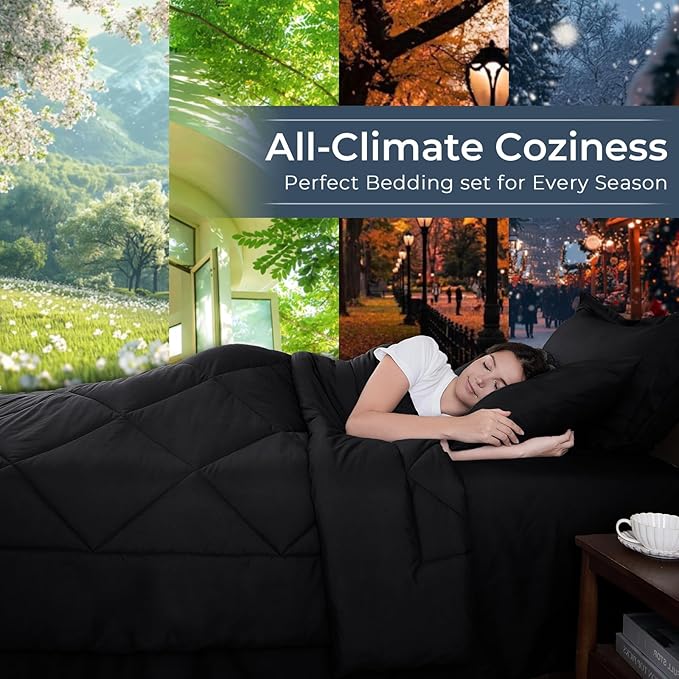 HEVUMYI Black Oversized Queen Comforter Set - 7-Piece All Season Bed in a Bag Oversized Queen, Ultra Soft Bedding Set with Comforter, Flat Sheet, Fitted Sheet, Pillowcases, Pillow Shams