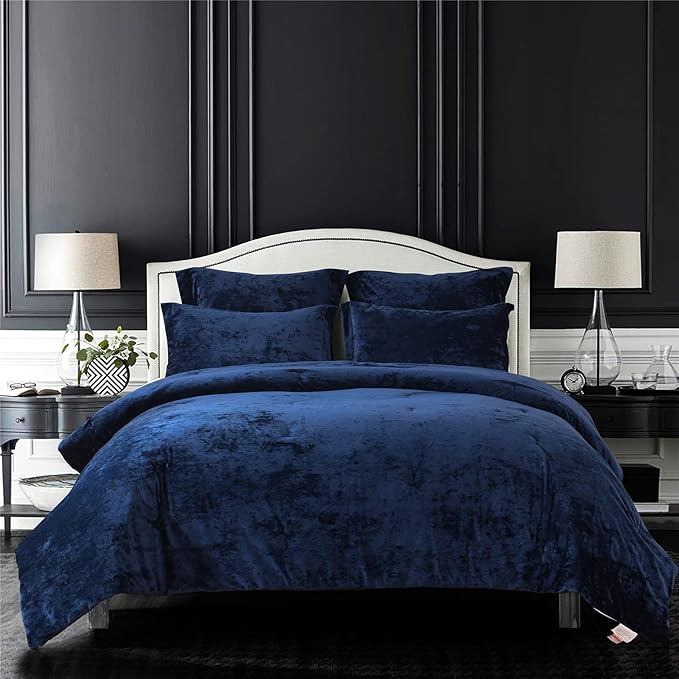 Sunshine Nicole Distressed Velvet Comforter Set, Distressed Velvet Face and Brushed Solid Microfiber Reverse, with Light Weight Soft Poly Fill, 5 Pieces Navy, Queen