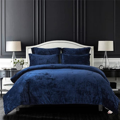 Sunshine Nicole Distressed Velvet Comforter Set, Distressed Velvet Face and Brushed Solid Microfiber Reverse, with Light Weight Soft Poly Fill, 5 Pieces Navy, Queen