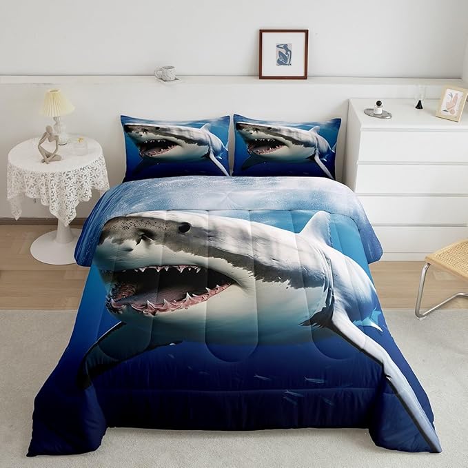 Kids Comforter Set for Boys Girls,3D Shark Fish Down Comforter 2 Piece Hawaiian Beach Theme Bedding Quilted Duvet Set Ocean Sea Animal Pattern Blue Duvet Insert for Toddler Teen Bedroom Decor,Twin