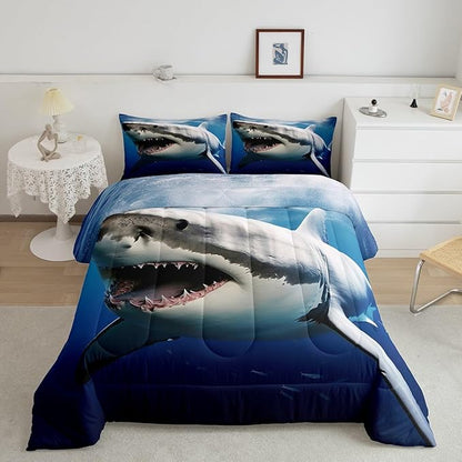 Kids Comforter Set for Boys Girls,3D Shark Fish Down Comforter 2 Piece Hawaiian Beach Theme Bedding Quilted Duvet Set Ocean Sea Animal Pattern Blue Duvet Insert for Toddler Teen Bedroom Decor,Twin