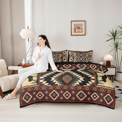 Erosebridal Buffalo Southwest Rustic 7-Piece Comforter Set King,Country Farmhouse Aztec Bedding Set for Teens Adult,Tribal Deer Sheets Wildlife Hunting Theme Duvet Insert Western Cabin Decor