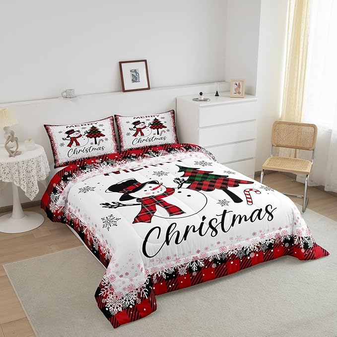 Snowman Christmas Tree Comforter Set King Size,Geometric Black Red Plaid Quilt Set Winter Snowflake Print Bedding Set for Kids Boys Girls Adult Room Decor Happy New Year Duvet Insert 3Pcs