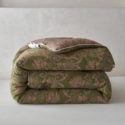 mixinni Muslin Cotton Vintage Olive Green Floral Comforter Set Full Size 3pcs Yarn Dyed Jacquard Weave Paisley Pattern Bedding Comforter Soft Breathable Bedding Sets for All Season-Full Size