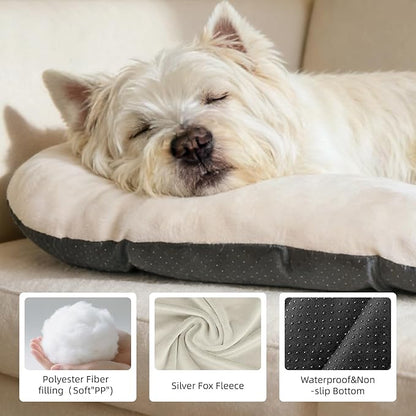 Washable Large Dog Bed for Medium & Large Breeds, Non-Slip Bottom & Plush Faux Silver Fox Fur Oval Cushion Pad for Big Dogs, Soft Mat for Crates, Beige, 41x27 Inch