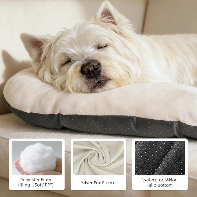 Dog Bed for Small Dogs & Cats 23”x17”, Non-Slip Washable Faux Silver Fox Fur Crate Pad, Durable Oval Pet Mat, Beige