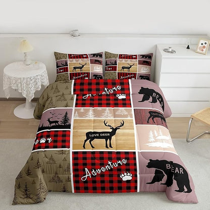 Rustic Farmhouse Bedding Set Full,Vintage Cabin Lodge Comforter Set For Kids Girls Teens Bedroom Decor,Woodland Bear Deer Quilt Western Cowboy Grid Claw Bedding Comforter Sets Cabin Gifts For Women