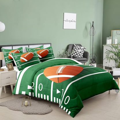 Tailor Shop Football Comforter Set for Boys Kids Teens Green Rugby Football Field Bedding Sets Queen Size with 1 Comforter 2 Pillow Shams………