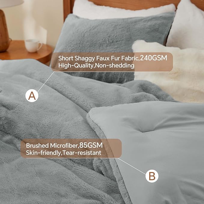 BEDELITE Faux Fur Fleece King Comforter Set - Fluffy & Warm Grey Comforter King Size，Ultra Soft and Cozy Winter Bedding Set,Fuzzy Thick Bed Set,1 Comforter and 2 Pillowcases