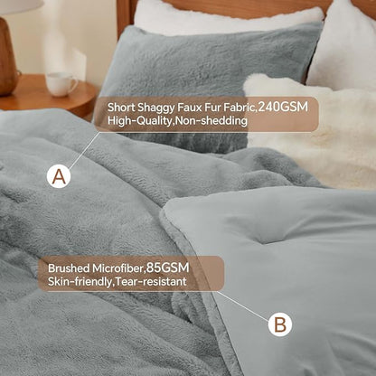 BEDELITE Faux Fur Fleece King Comforter Set - Fluffy & Warm Grey Comforter King Size，Ultra Soft and Cozy Winter Bedding Set,Fuzzy Thick Bed Set,1 Comforter and 2 Pillowcases