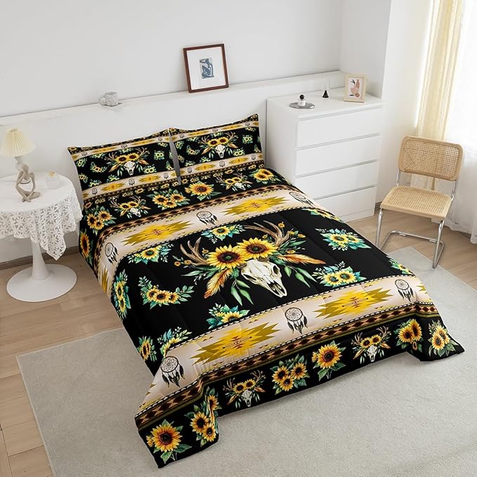 Erosebridal Western Comforter Set King,Sunflower Bull Skull Quilt Boho Floral Bedding Sets,Exotic Dream Catcher Duvet Insert Southwestern Native Indian Tribal Geometric Aztec Western Decor