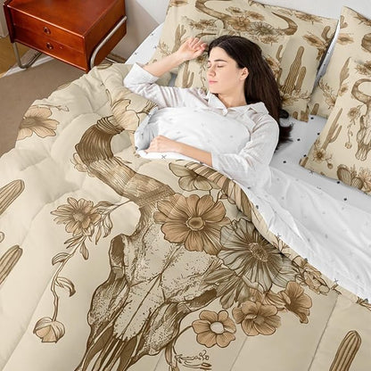 Erosebridal Bull Skull Bed in A Bag Full | Ethnic Horns Aztec 7 Piece Comforter Set Tribal Symbol Vintage Bohemian Sheet Set Breathable Lightweight Floral Tropical Cactus Fitted Sheet