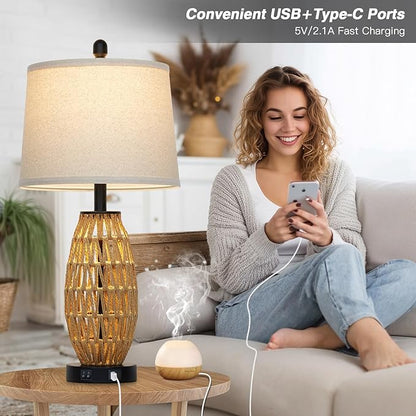 27" Boho Rattan Table Lamp with Night Light, Wicker Bedside Lamp with USB A+C Charging Port, Woven Coastal Bedroom Lamps for Nightstand, Tall Farmhouse Lamps for Living Room Single