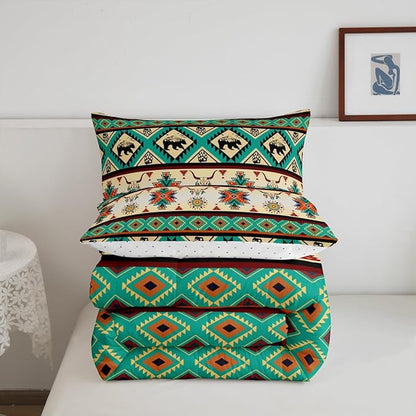 Erosebridal Black Bear Bedding Sets Exotic Bull Skull Western Comforter Set Queen,Ethnic Tribe Arrow Aztec Quilt Indian Tribal Geometric Diamond Triangle Duvet Insert,Bohemian Western Decor,Green