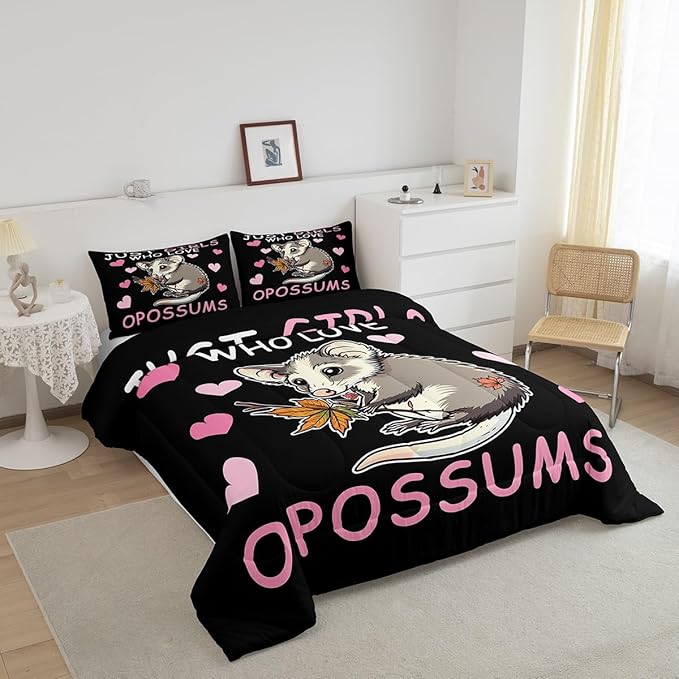 Cute Cartoon Animal Theme Bed Comforter Set Queen Size,Girl Pink Love Heart Pattern Super Soft Microfiber Bedding Set for Adults Men,Opossum Decorative Comforter Set,3 Pcs