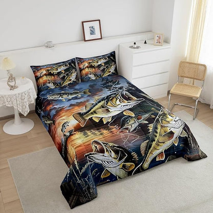 Erosebridal Fishing Theme King Comforter Set,Big Bass Pike Fish Bedding Sets for Kids Boys Men,Rustic Cabin Lake House Quilt Bed Set,Vintage Fisherman Bedroom Decor,2 Pillowcases Breathable