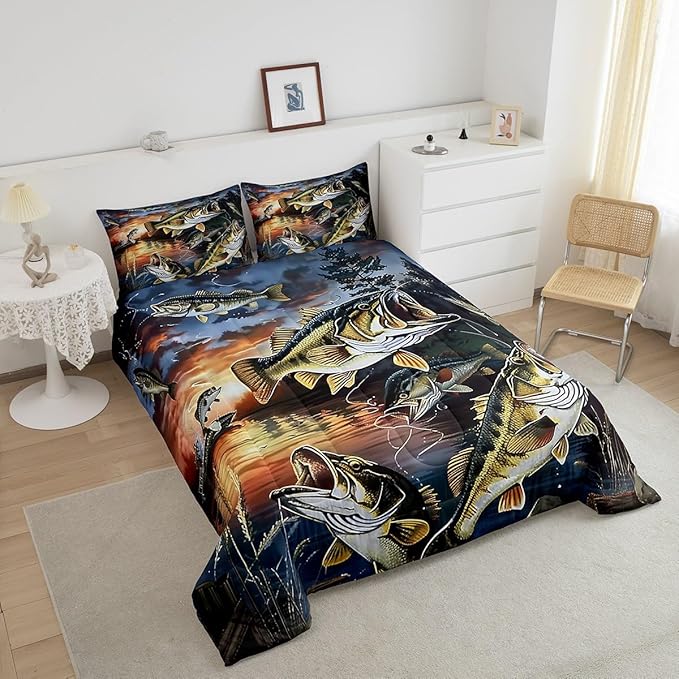 Erosebridal Fishing Theme Twin Bedding Set,Big Bass Pike Fish Comforter Set for Kids Boys Girls,Rustic Cabin Lake House Comforter,Vintage Fisherman Bedroom Room Decor,1 Pillowcase Breathable